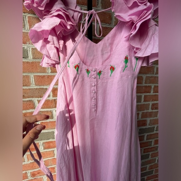 NWOT Fanm Mon Aster Pink Demre Linen Embroidered Maxi Dress Ruffle Sleeve SIZE S - Picture 5 of 9